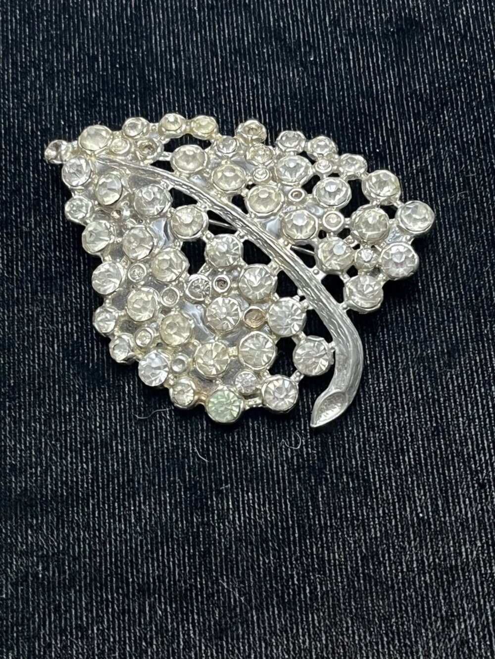 Vintage Rhinestone Leaf Spray Cluster Brooch Pin Silver